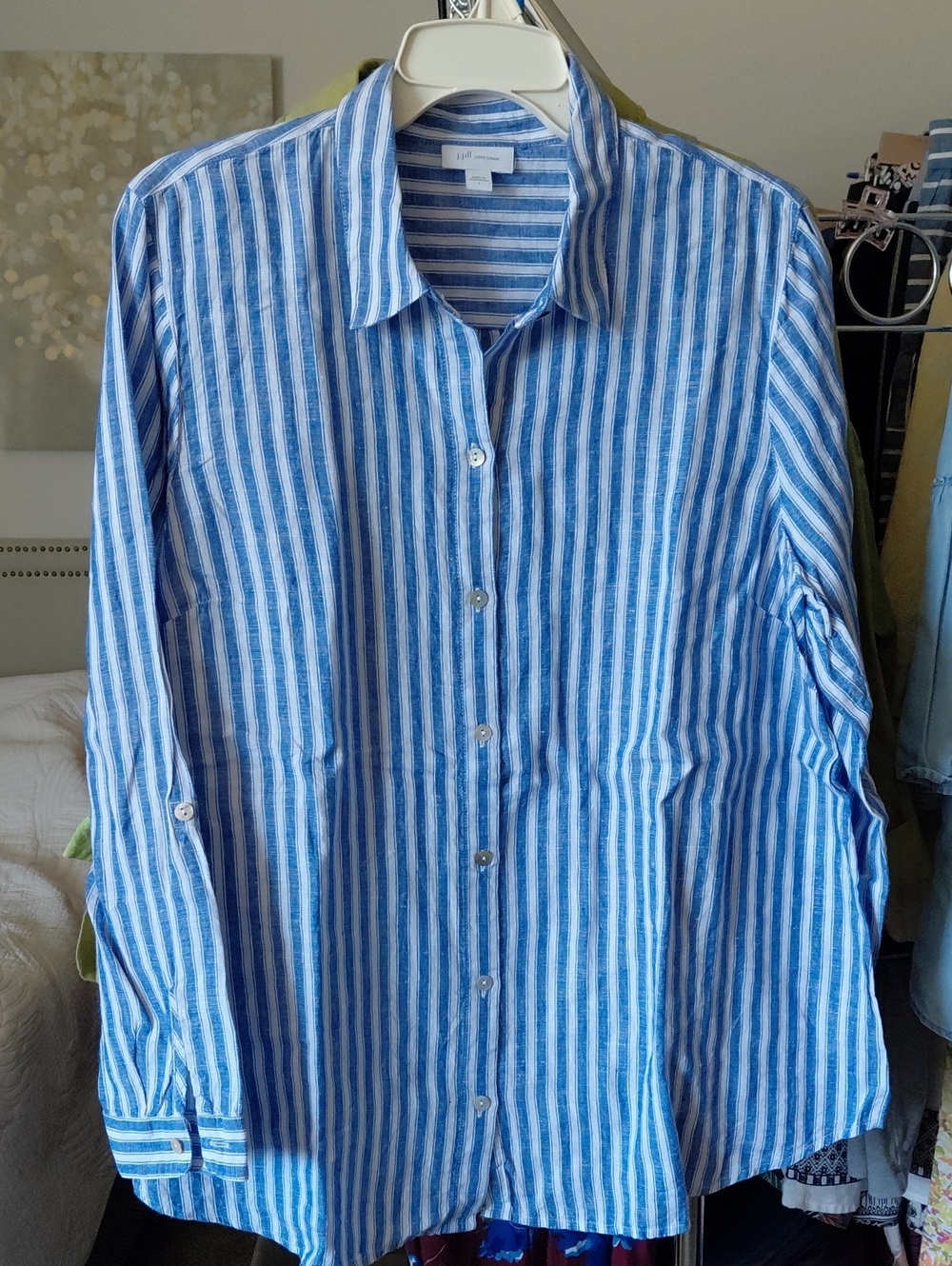 J. Jill blue and White Linen Striped Button-Down Shirt
